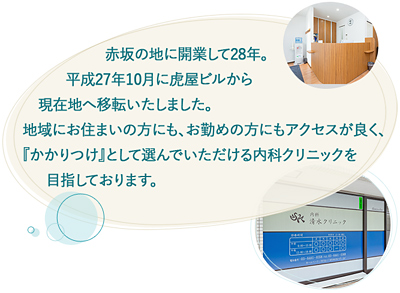 赤坂の地に開業して28年。  平成27年10月に虎屋ビルから現在地へ移転いたしました。地域にお住まいの方にも、お勤めの方にもアクセスが良く、『かかりつけ』として選んで  いただける内科クリニックを目指しております。